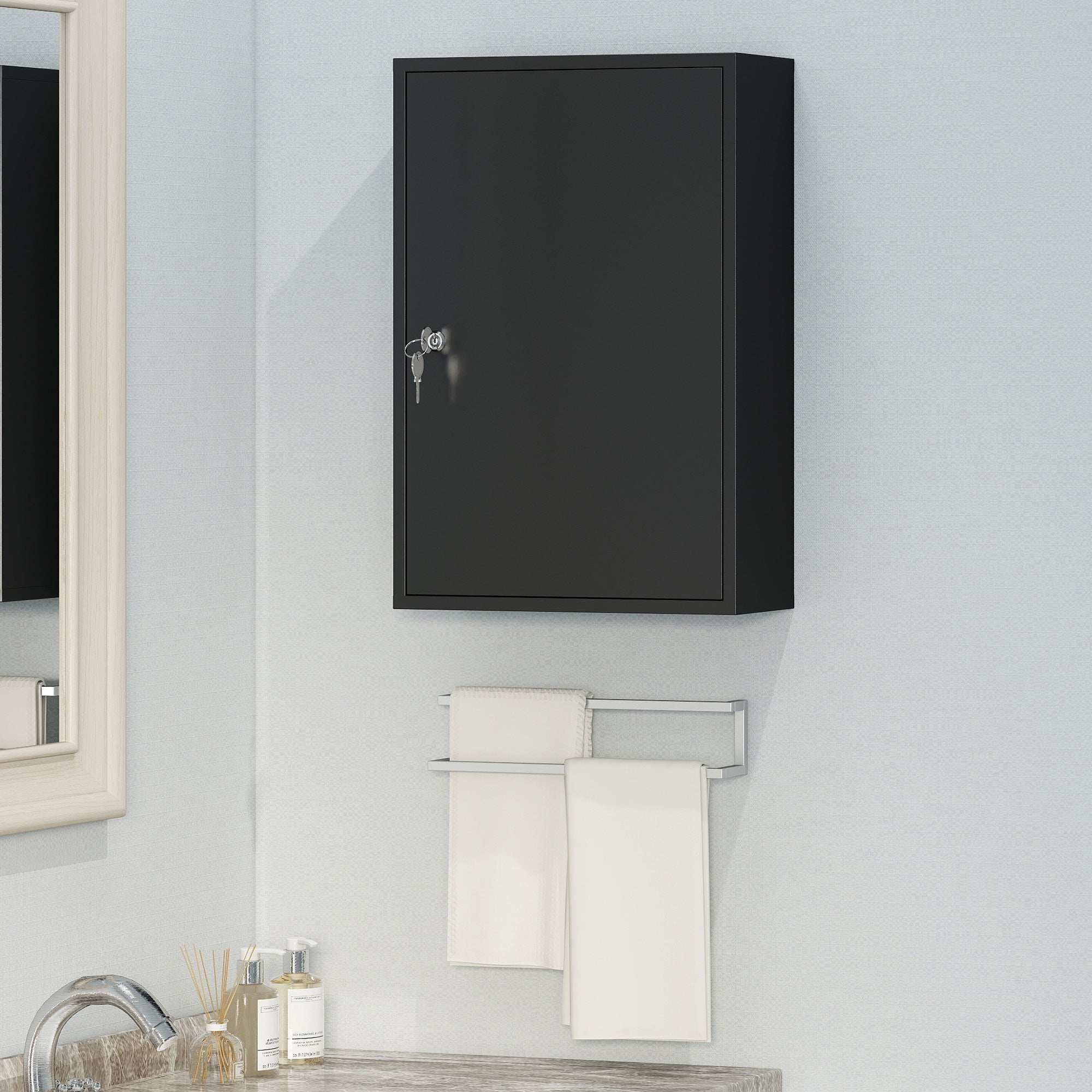 Armoire à Pharmacie 2 Étagères 3 Niveaux Verrouillable, Dim. 40L x 18l x 60H cm, 2 Clés, Métal, Noir