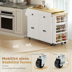 îlot central cuisine avec plateau extensible, desserte de cuisine sur roulettes avec 2 tiroirs, 4 portes, blanc