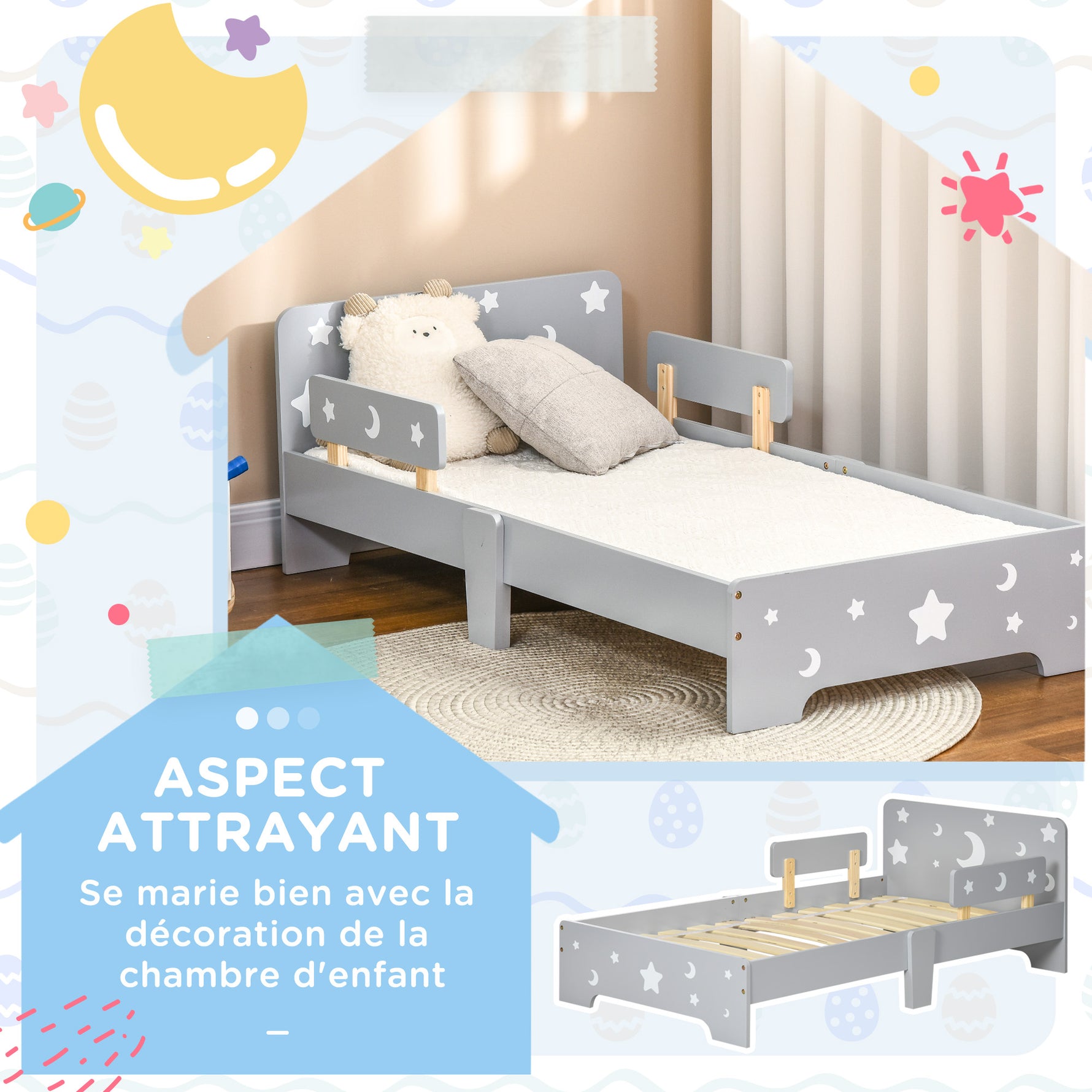 Lit pour enfants de 3 à 6 ans design étoiles et lune sommier à lattes inclus chambre moderne 143 x 76 x 49 cm gris