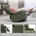 Fauteuil releveur relax électrique, fonction massage et chaleur, inclinaison réglable, repose-pied, télécommandes, vert