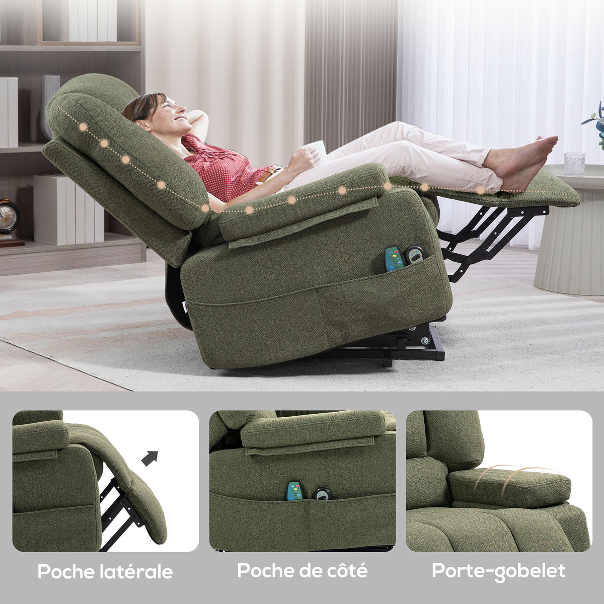 Fauteuil releveur relax électrique, fonction massage et chaleur, inclinaison réglable, repose-pied, télécommandes, vert