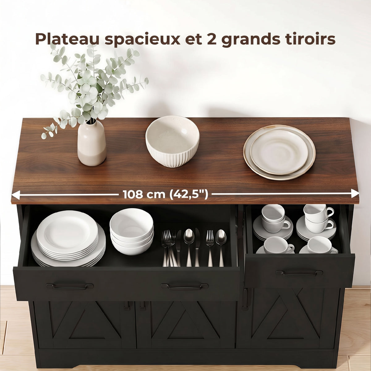 Aparador de cocina, mueble de almacenamiento con 3 puertas de granero, 2 cajones y estantes ajustables, 108 x 40 x 81 cm, negro