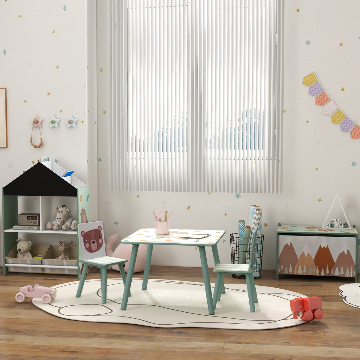 Table et 2 chaises pour enfants 3-8 ans ensemble 3 pièces motif animaux pour chambre à coucher salle de jeux vert
