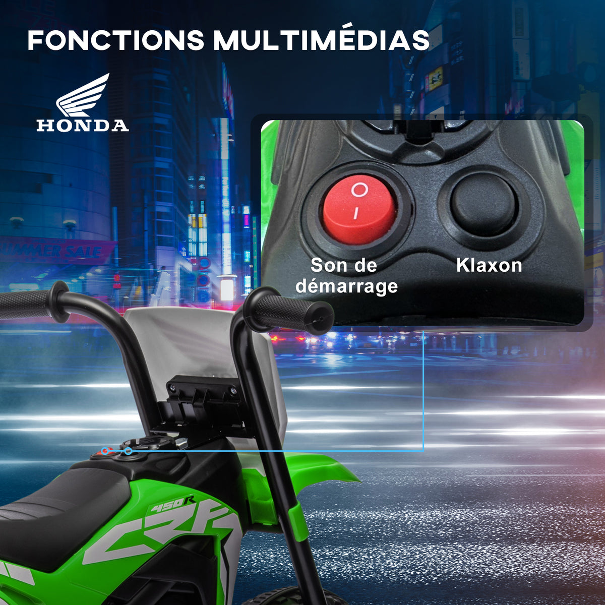 Moto cross éléctrique pour enfant licence Honda CRF450RL 3 roues batterie 6V enfants 18-36 mois vert