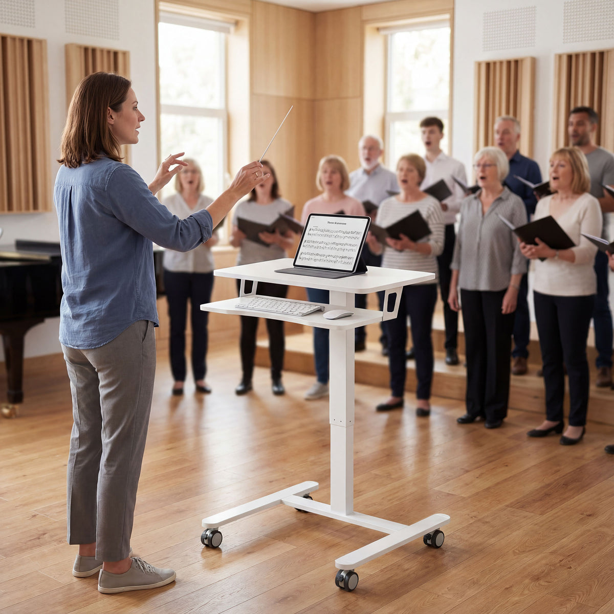 Bureau Assis-Debout Réglable en Hauteur, Bureau Mobile avec Plateau pour Clavier, Roulettes et Cadre en Acier, Blanc