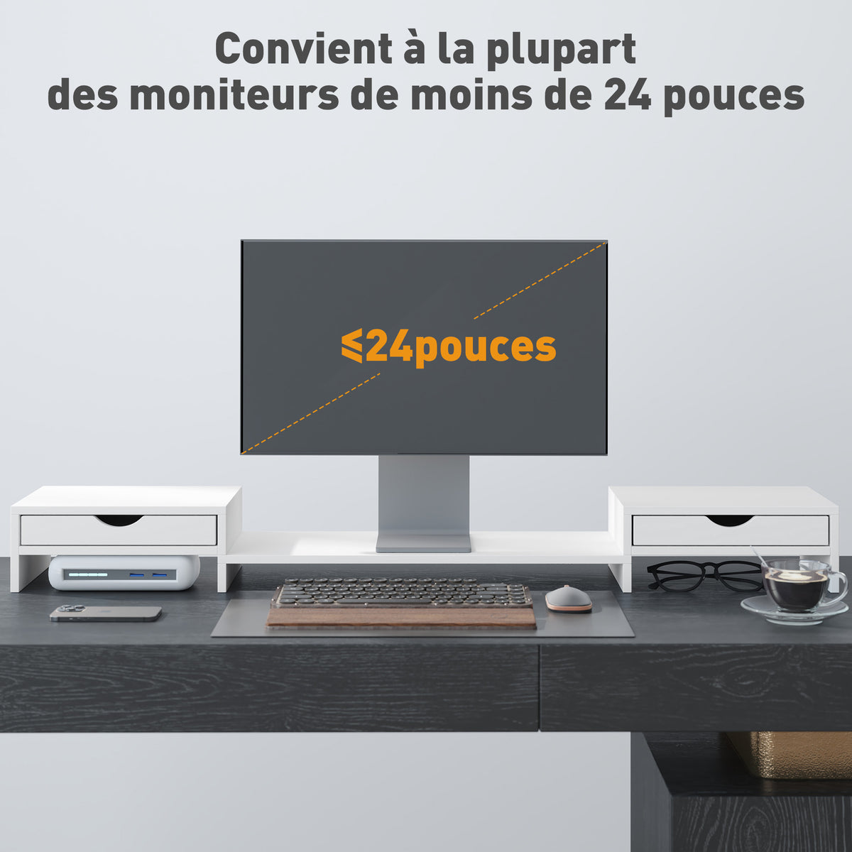 Rehausseur écran PC bureau support d'écran d'ordinateur de 60-116 cm avec 2 tiroirs, longueur et angle réglables