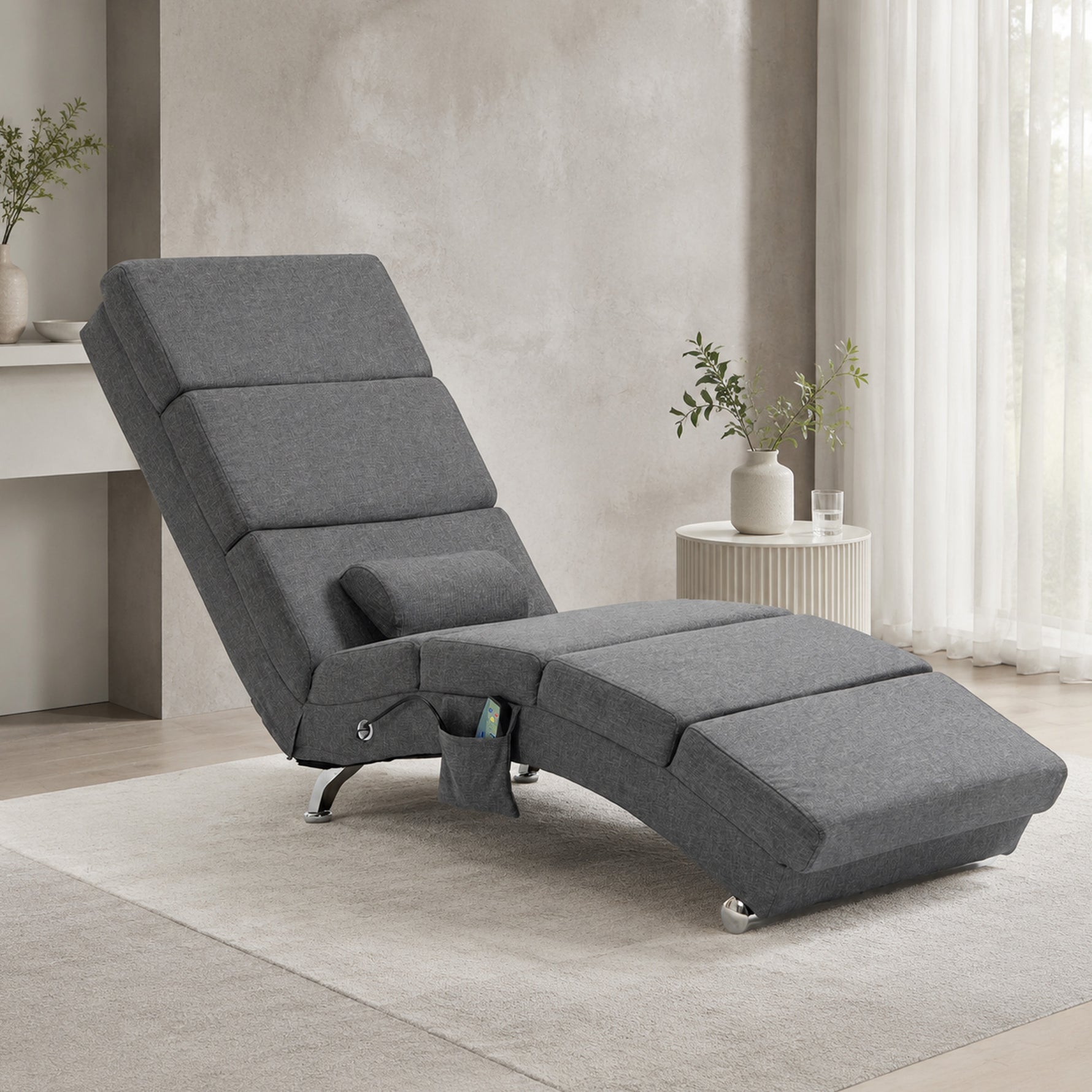 Fauteuil relax salon fauteuil de massage et chauffage meridienne avec télécommande et oreiller, tissu effet lin, gris