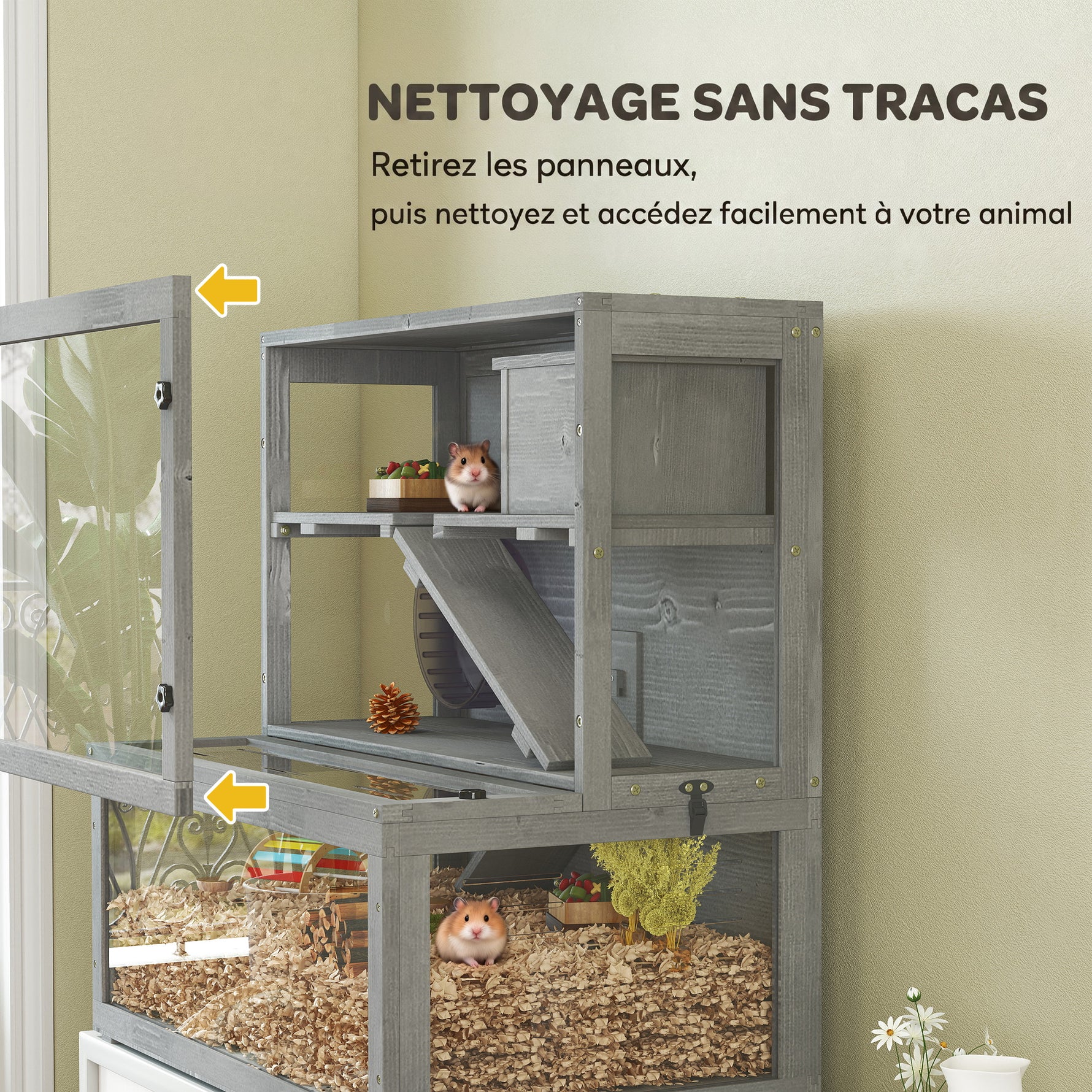 Cage Hamster en Bois, 3 Niveaux avec Cabane, Roue, Rampes, Panneau Transparent, Espaces Séparés, 80x50x84cm, Gris