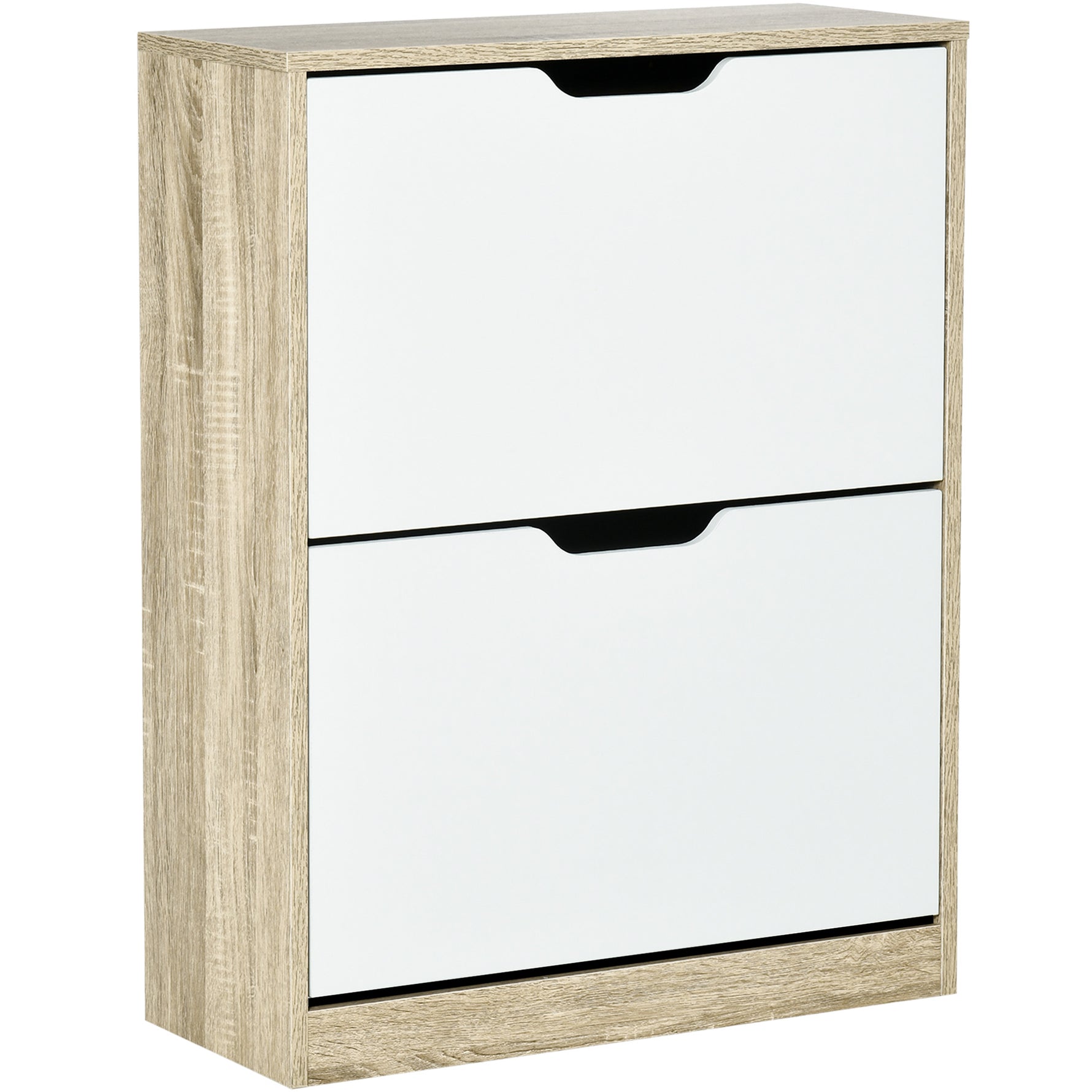 Meuble à chaussures 8 paires, armoire à chaussures étroite, 2 tiroirs rabattables, chêne et blanc