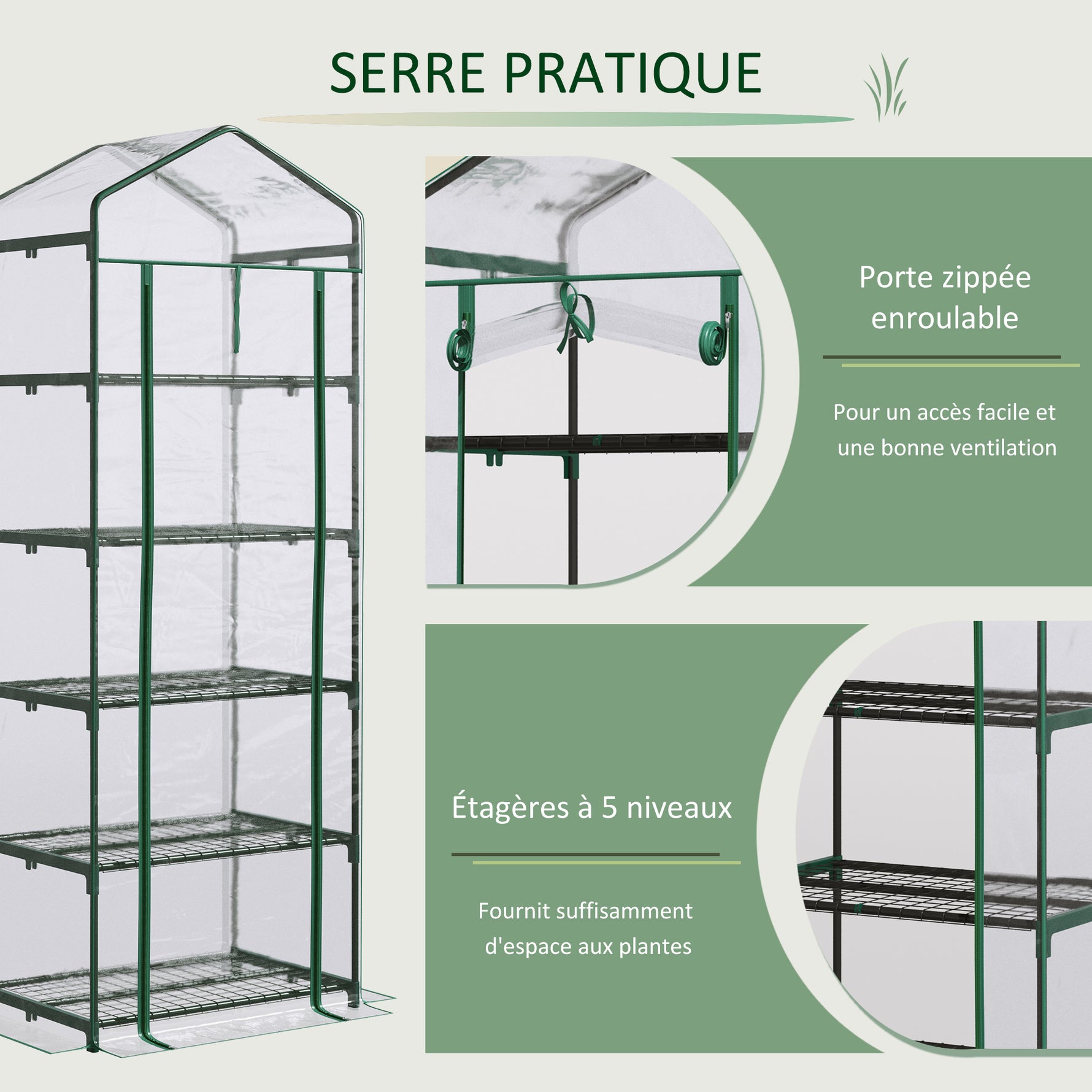 Serre de jardin PVC avec étagères 5 niveaux, serre de balcon, bâche renforcée 135 g/m², châssis en acier, porte zippée enroulable, pour légumes plantes fleurs, 69 x 49 x 193 cm, transparent