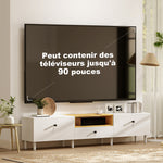 Meuble TV, meuble télé pour téléviseur jusqu'à 90 pouces avec 2 portes rabattables, tiroir, 200 x 35 x 45 cm, blanc