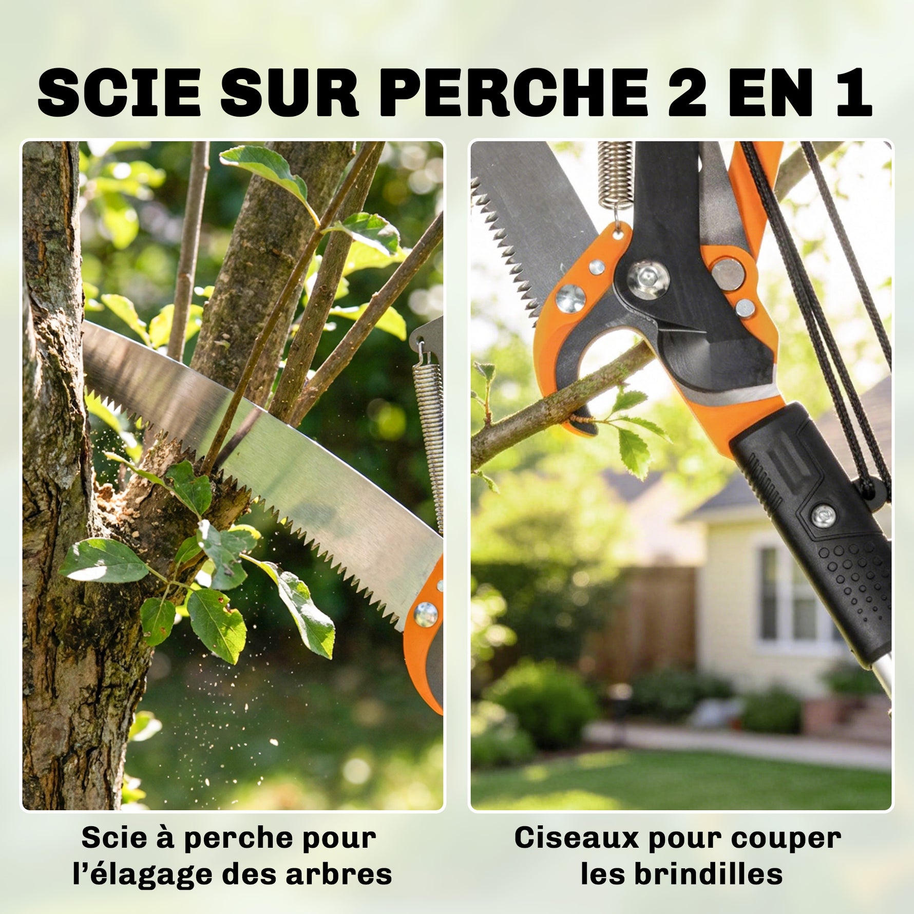 Élagueur télescopique 2 en 1, scie manuelle, sécateur avec verrou de sécurité, perche télescopique en aluminium 2 m