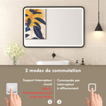 Miroir salle de bain avec éclairage 90 x 60 cm, miroir LED mural, anti-buée, 3 couleurs lumière, dimmable, noir