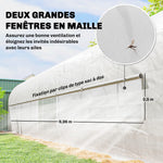Serre tunnel de jardin 24m², serre de jardin tunnel avec cadre en acier galvanisé, portes et 2 grandes fenêtres, blanc