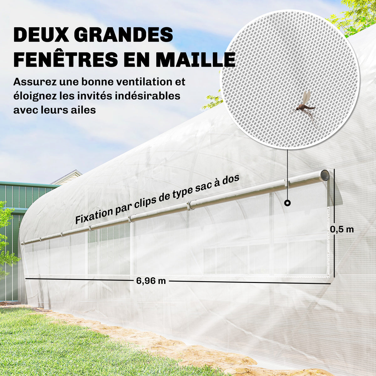 Serre tunnel de jardin 24m², serre de jardin tunnel avec cadre en acier galvanisé, portes et 2 grandes fenêtres, blanc