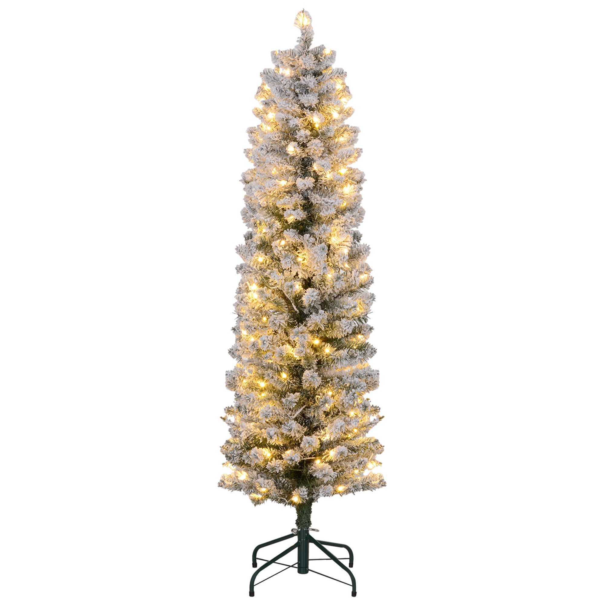 Sapin de Noël artificiel 150 cm avec éclairage LED blanc chaud, 263 branches enneigées, base en métal, réaliste et fin