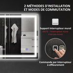 Miroir salle de bain LED bluetooth 60 x 80 cm interrupteur tactile lumière réglable 3 couleurs anti-buée mémoire argent