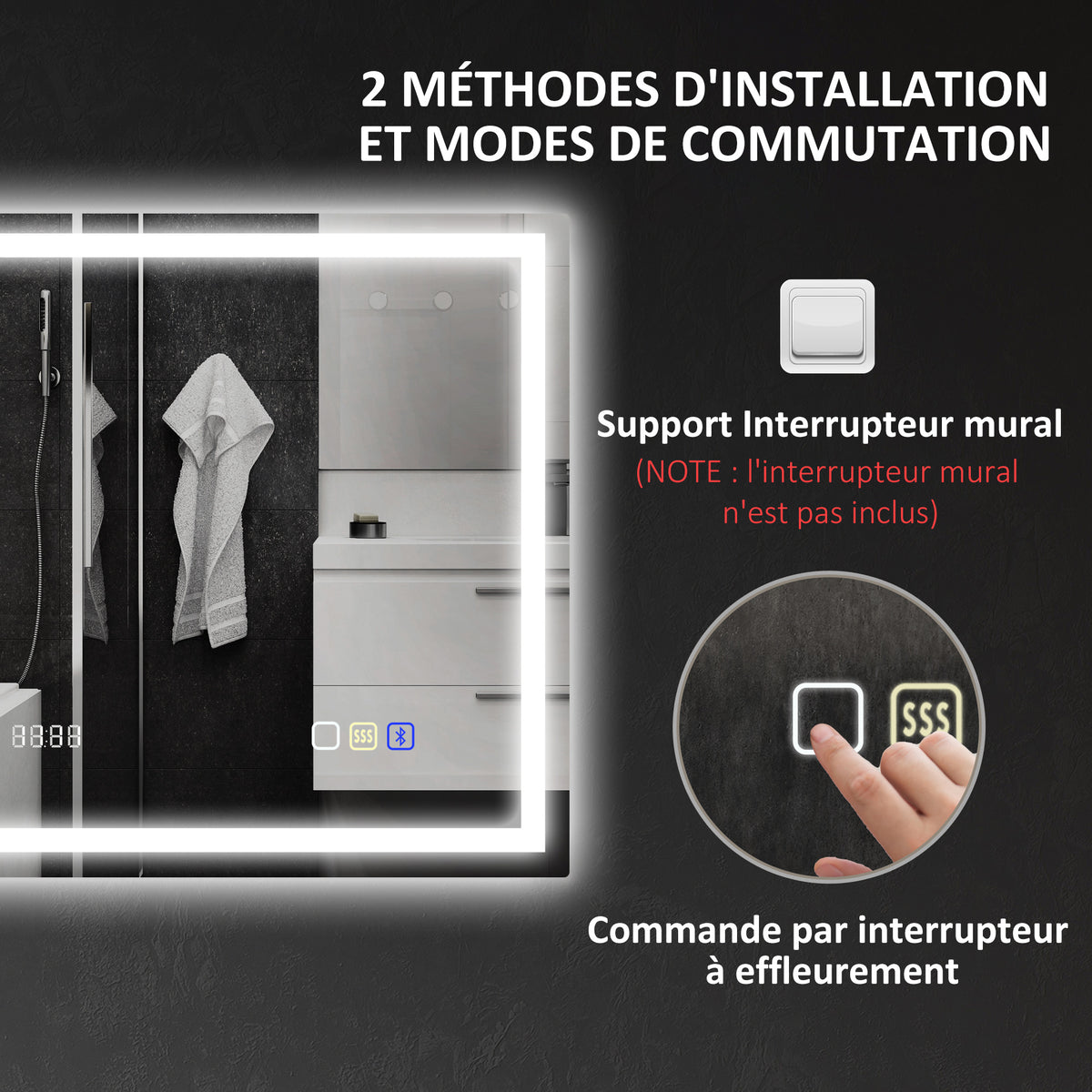 Miroir salle de bain LED bluetooth 60 x 80 cm interrupteur tactile lumière réglable 3 couleurs anti-buée mémoire argent