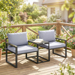 Salon de jardin 3 pièces coussins 14cm et accoudoirs en composite bois-plastique 2 fauteuils et table d'appoint gris