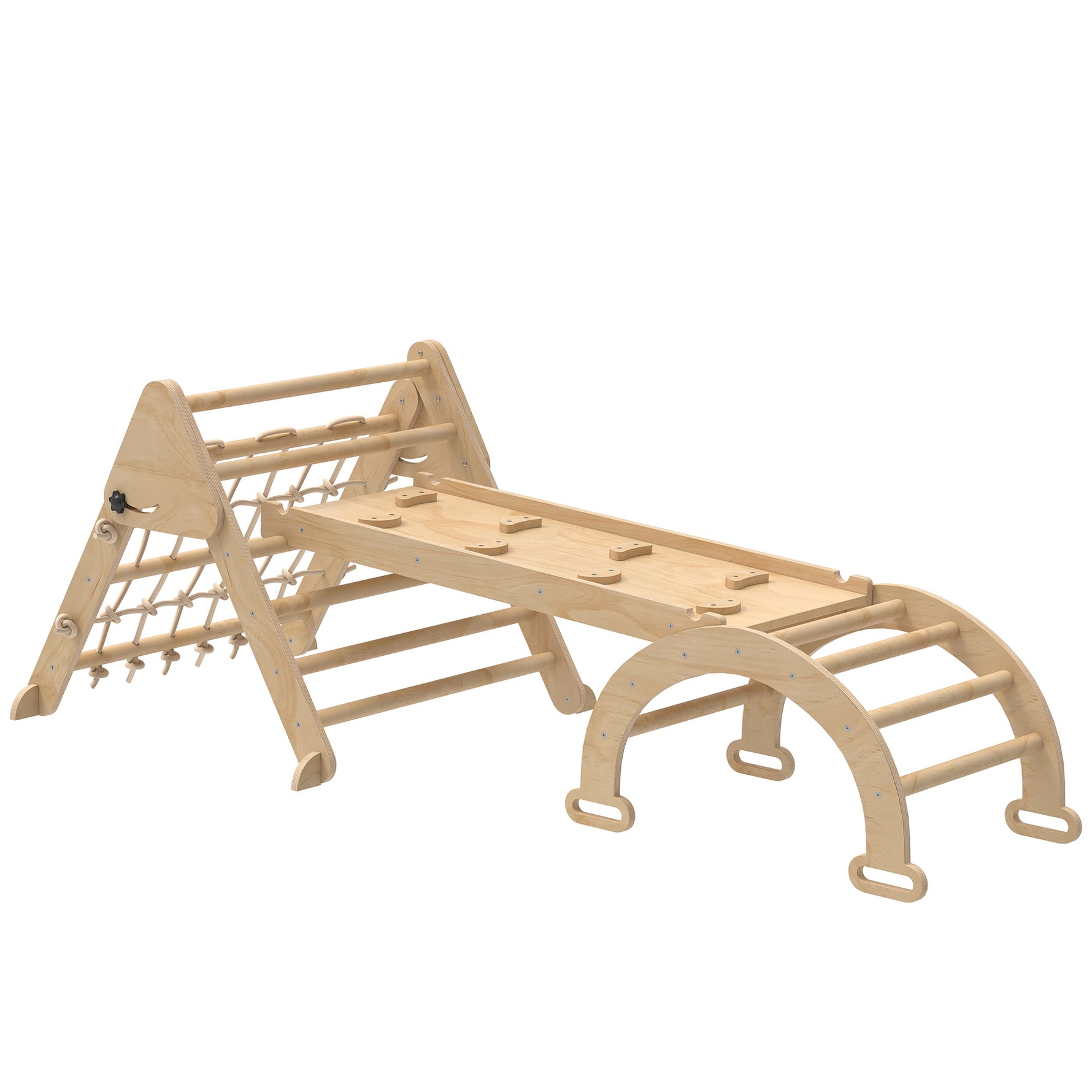 Triangle d'escalade enfants 8 en 1 avec rampe double face, arc d'escalade en bois avec toboggan & échelle, naturel