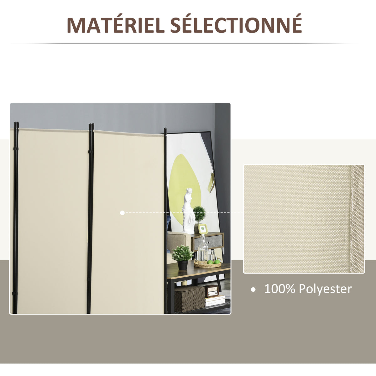 Paravent 3 panneaux dim. 2,53L x 0,5l x 1,82H m Store latéral Brise-Vue paravent sur Pied séparateur métal Polyester
