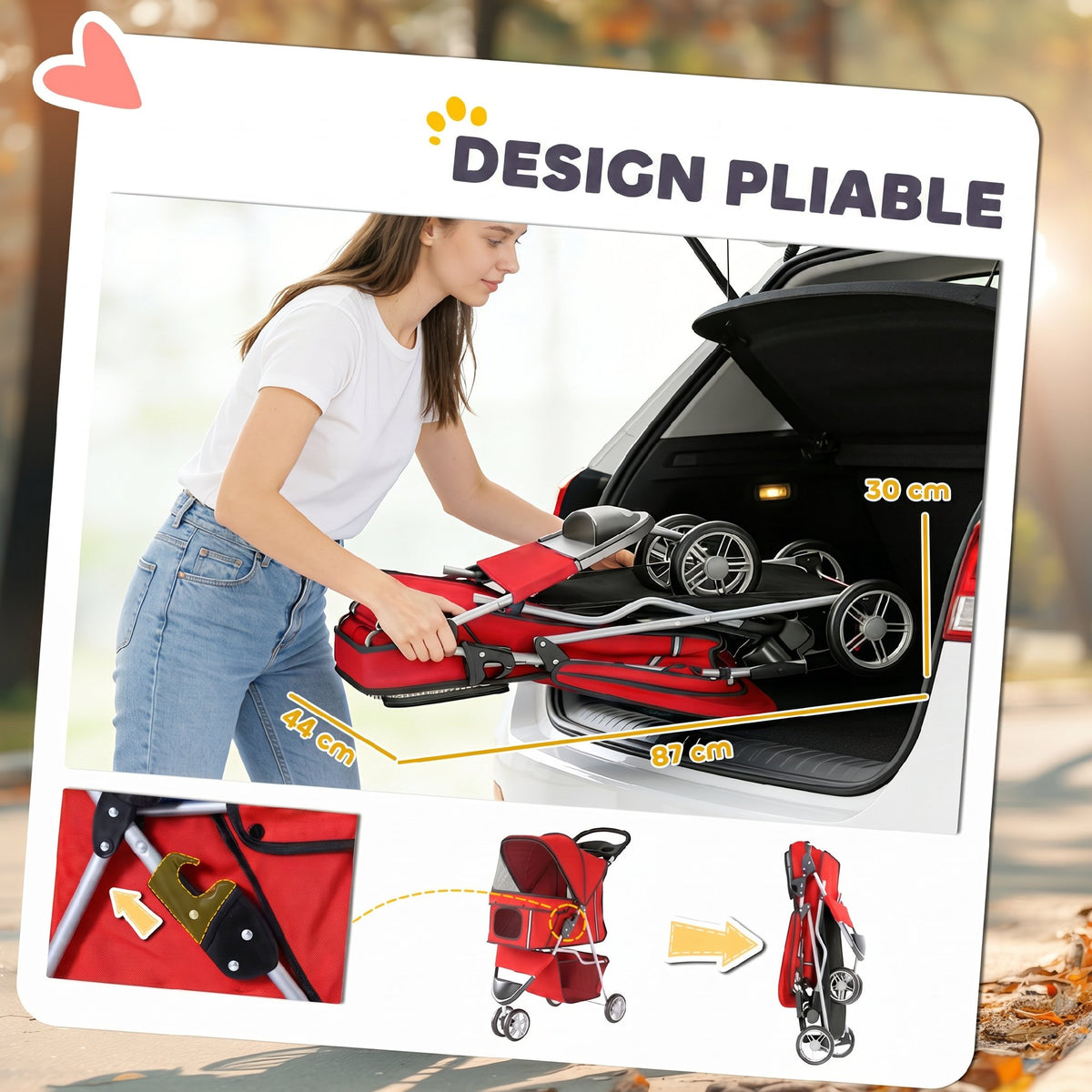 Poussette pour Chien 4 Roues, Chariot Pliable avec Auvent Réglable, Panier de Rangement, 77x44x102cm, Rouge