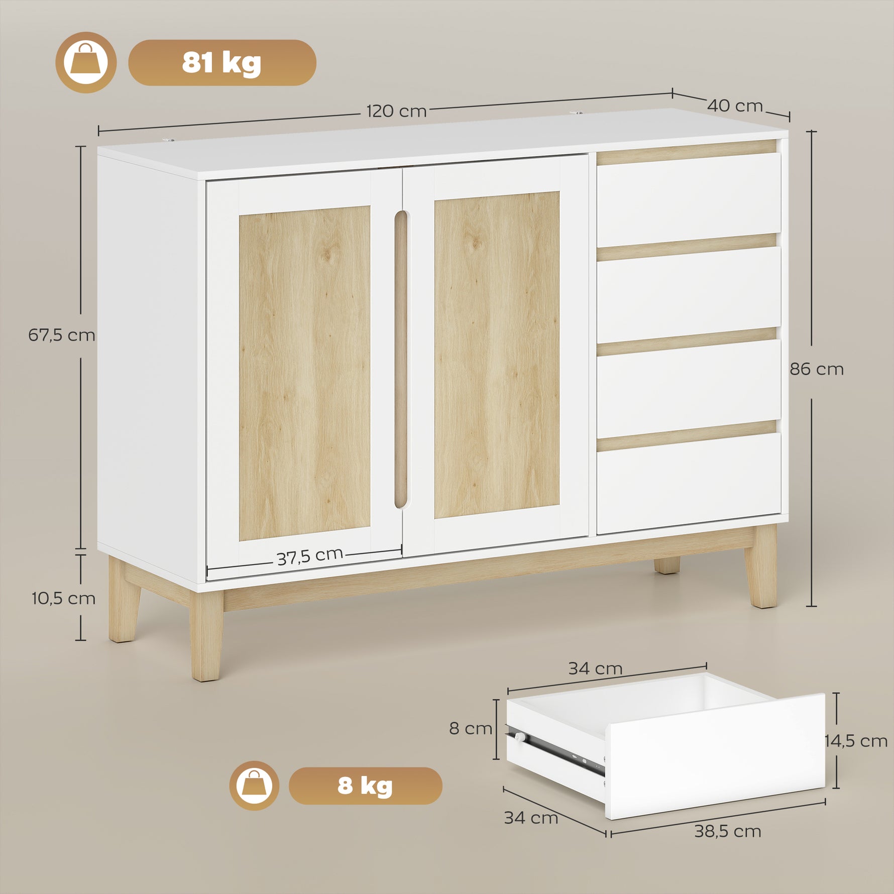 Buffet, meuble de rangement avec 2 portes et 4 tiroirs, étagère réglable, 120 x 40 x 86 cm, blanc et chêne