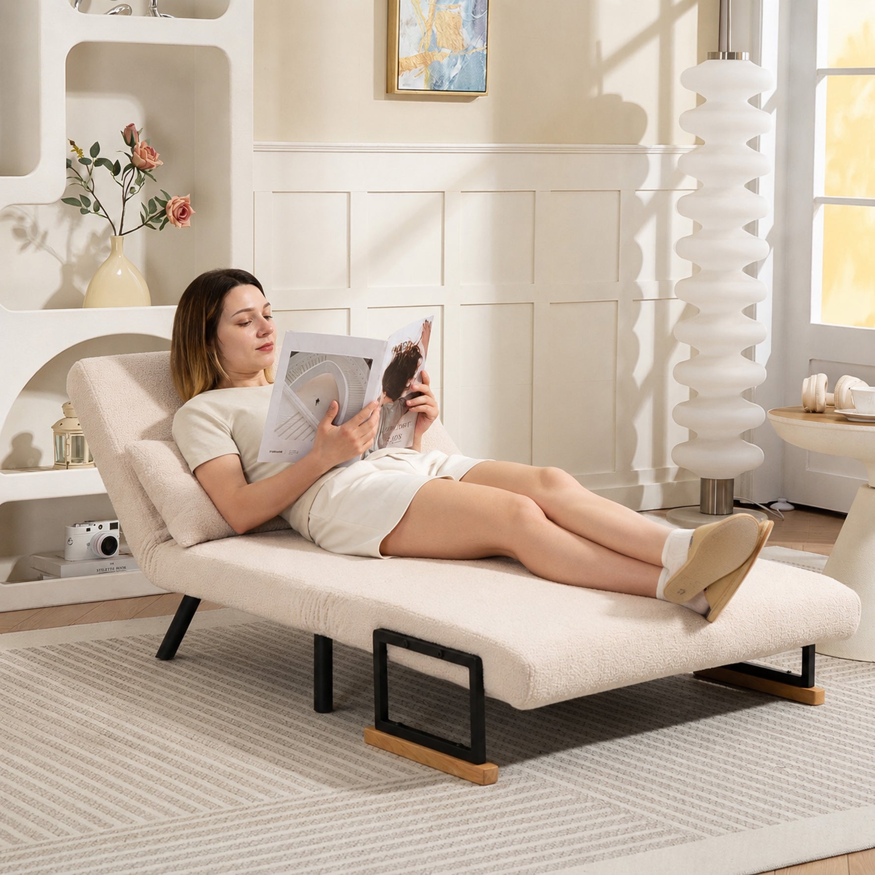 Canapé convertible 2 places 4 en 1, canapé-lit avec dossier réglable sur 5 niveaux, 2 coussins, 102 x 73 x 81 cm, beige
