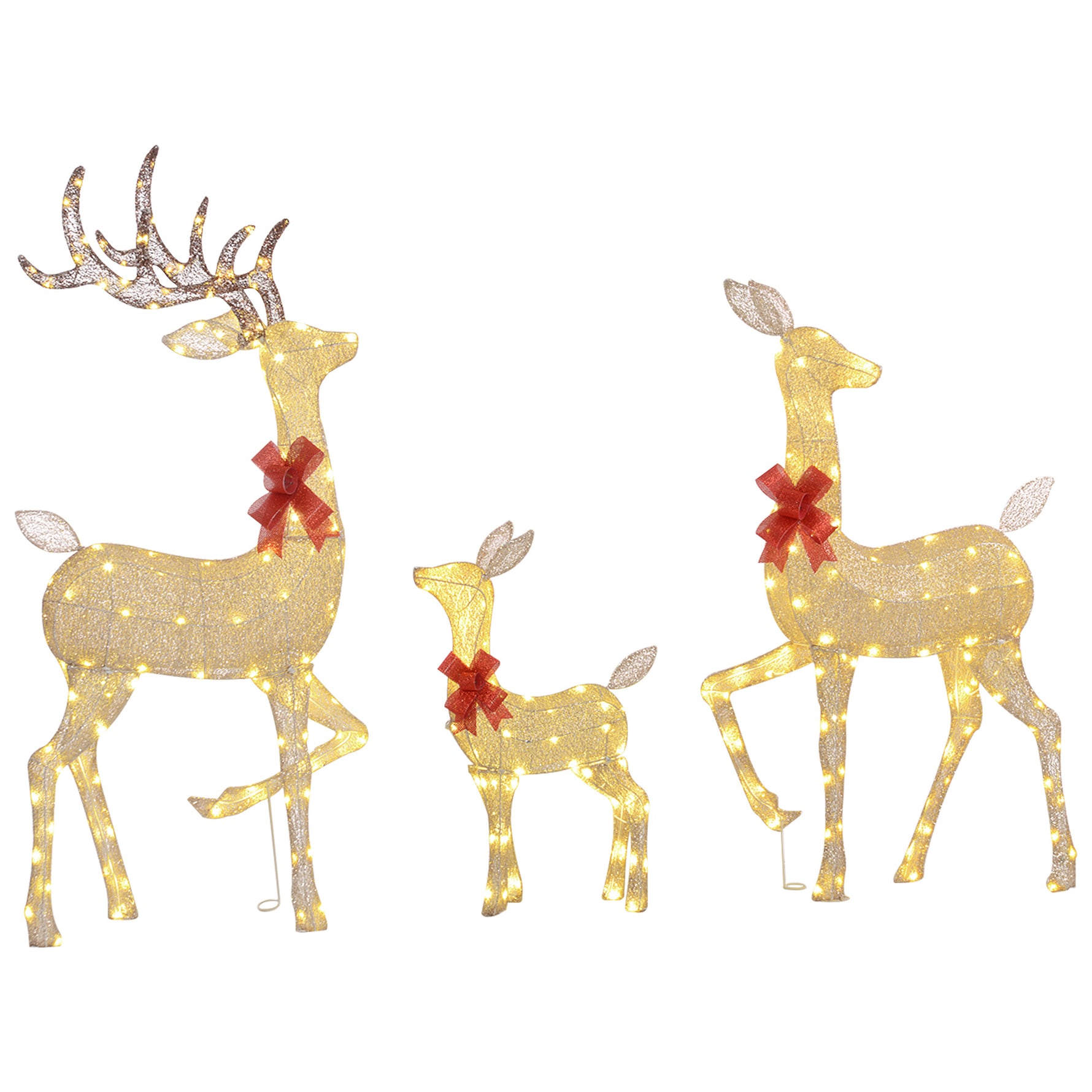 3 cerfs lumineux Noël, en forme de famille de cerfs, rennes lumineux Noël, en acier, 283 LED blanc chaud, or