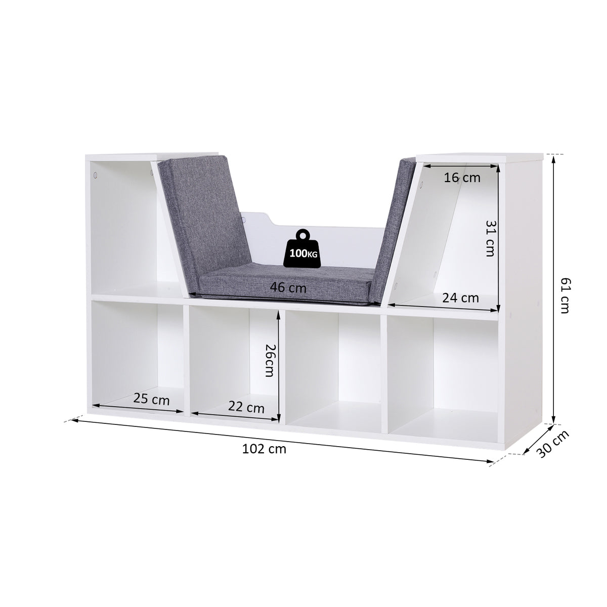 Bibliothèque banc 2 en 1 avec coussins de siège, étagère cube 6 compartiments ouverts et 2 niveaux, meuble de
