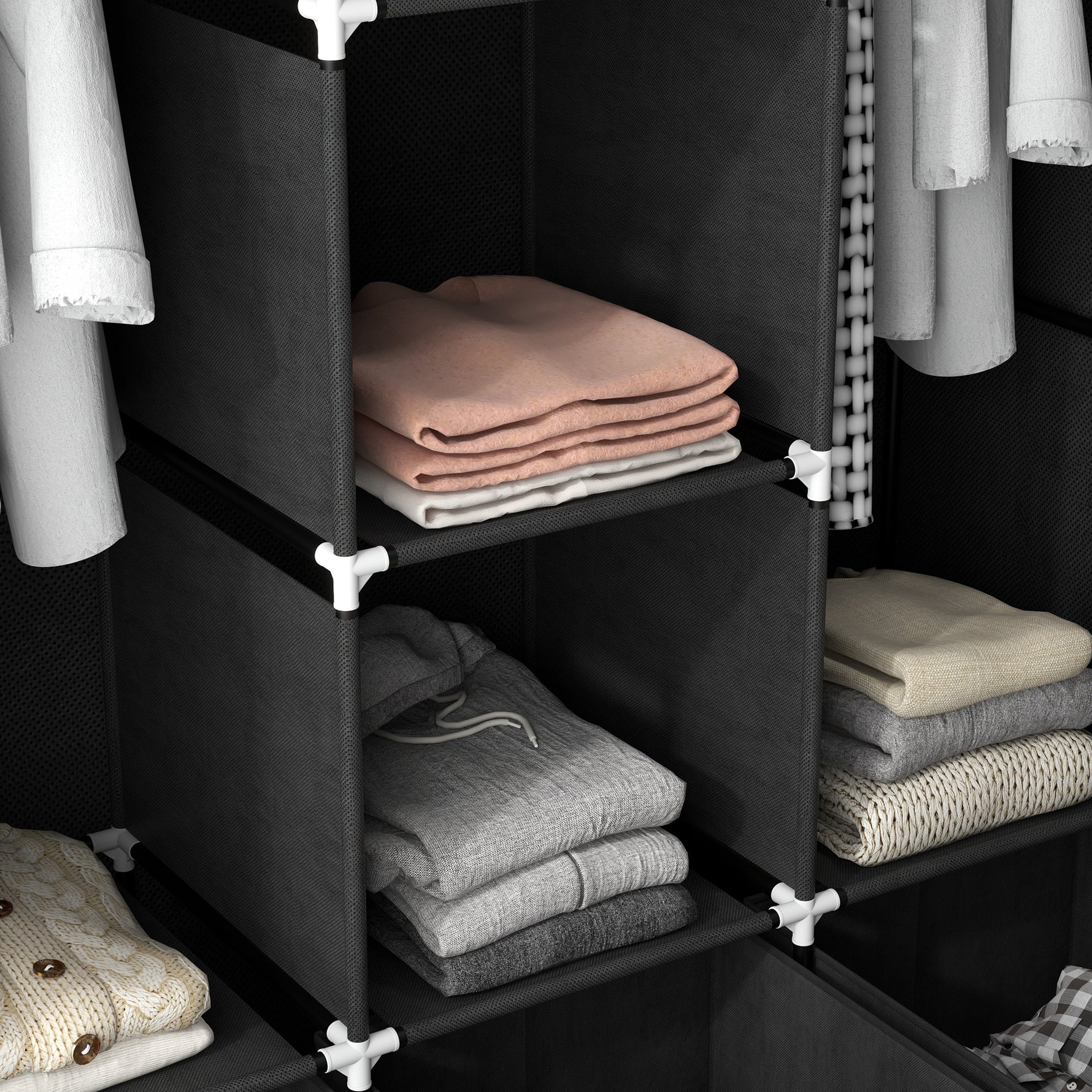 Armoire de rangement en tissu pliable avec 5 étagères, 2 tringles et 3 tiroirs en tissu 125L x 43l x 162.5H cm