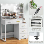 Coiffeuse avec miroir et 9 lumières LED, 4 tiroirs et 6 compartiments ouverts, 100 x 40 x 138 cm, blanc