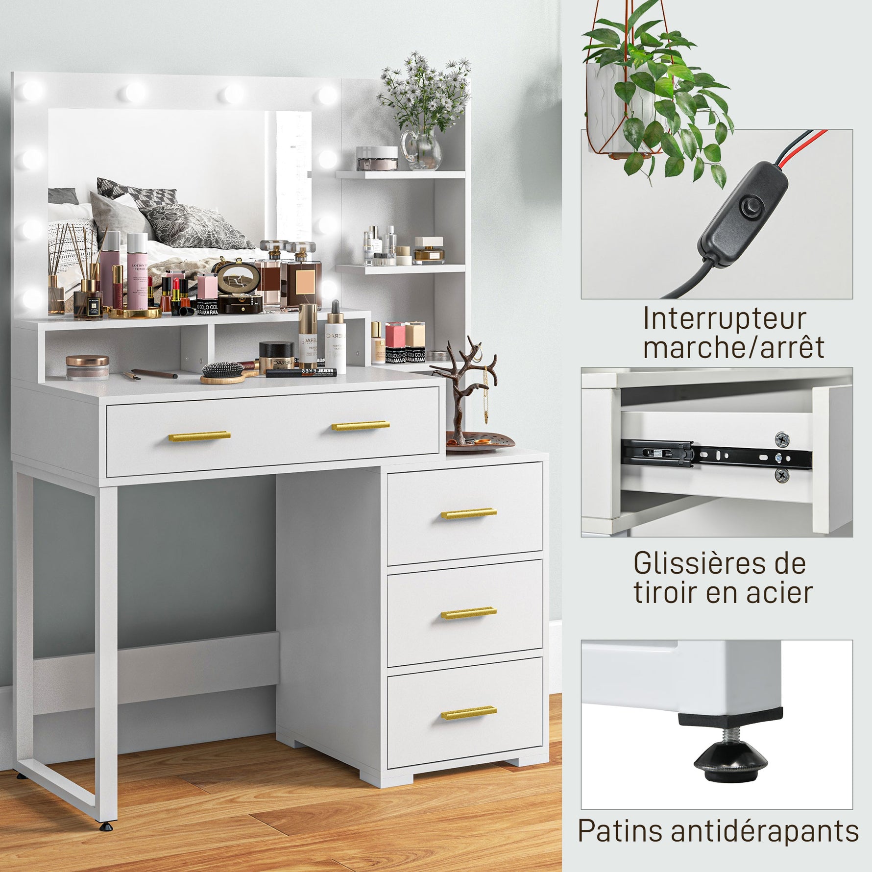 Coiffeuse avec miroir et 9 lumières LED, 4 tiroirs et 6 compartiments ouverts, 100 x 40 x 138 cm, blanc