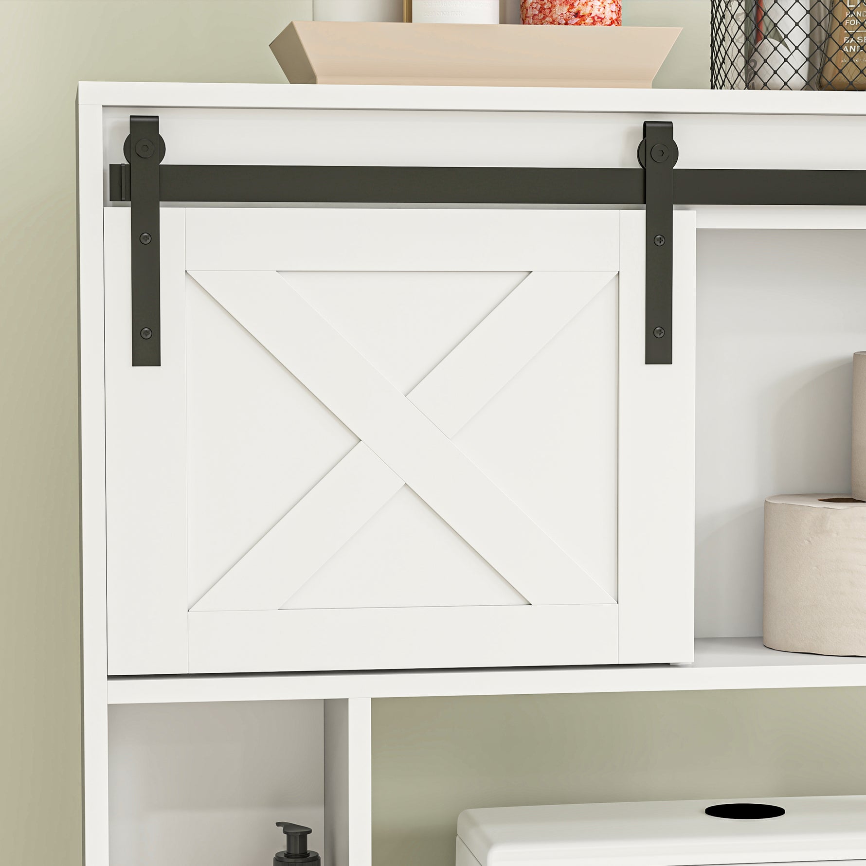 Meuble de rangement au-dessus des toilettes avec porte coulissante, Meuble étagère dessus WC, étagère réglable, blanc