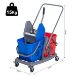 Professioneller Reinigungswagen mit Backenpresse, 2 Eimern à 25 l, 73 L × 45 B × 92 H cm, Kunststoff, grau/blau/rot
