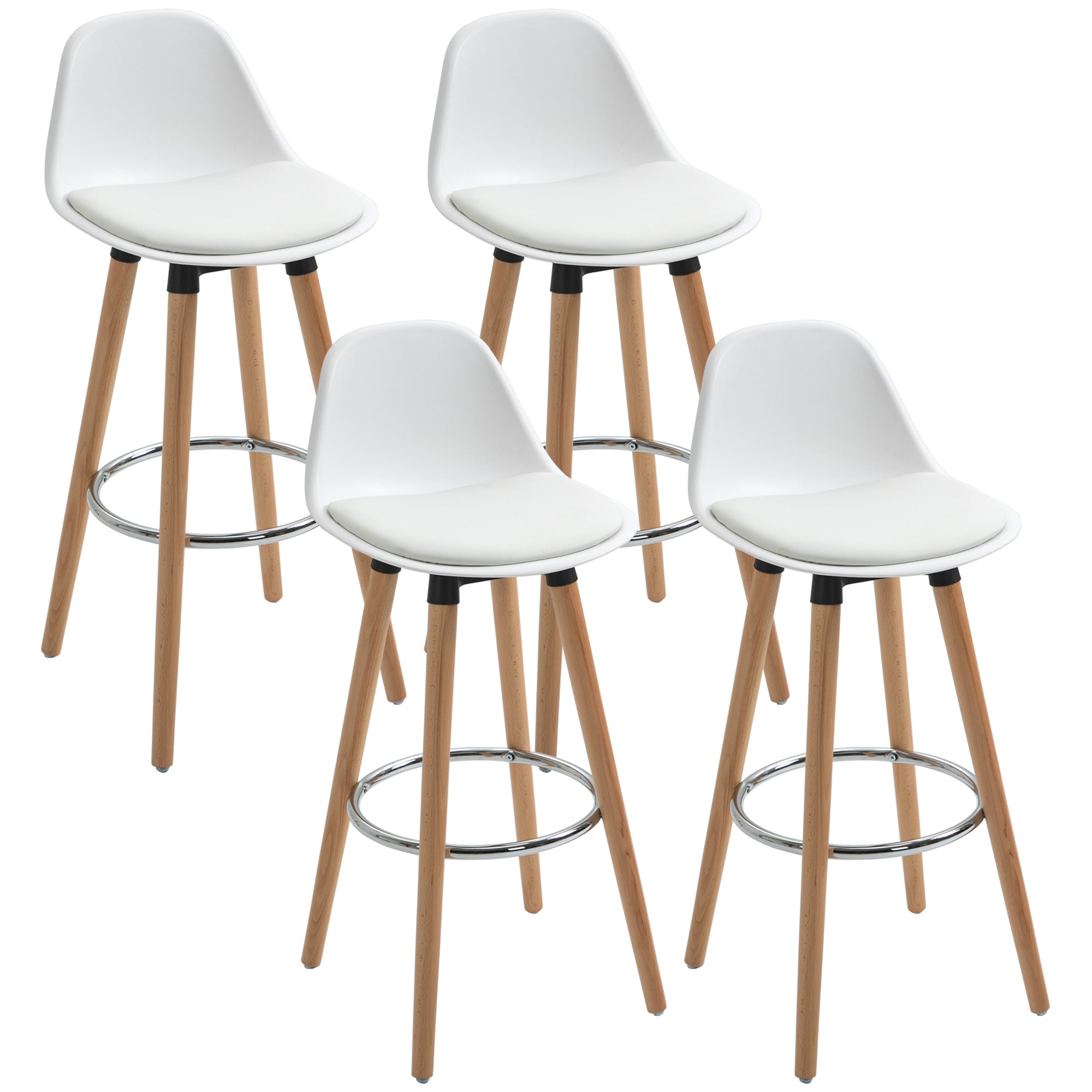 4er-Set Barhocker im skandinavischen Stil, 70 cm hoch, mit Holzbeinen und Stahl-Fußstütze – weiß