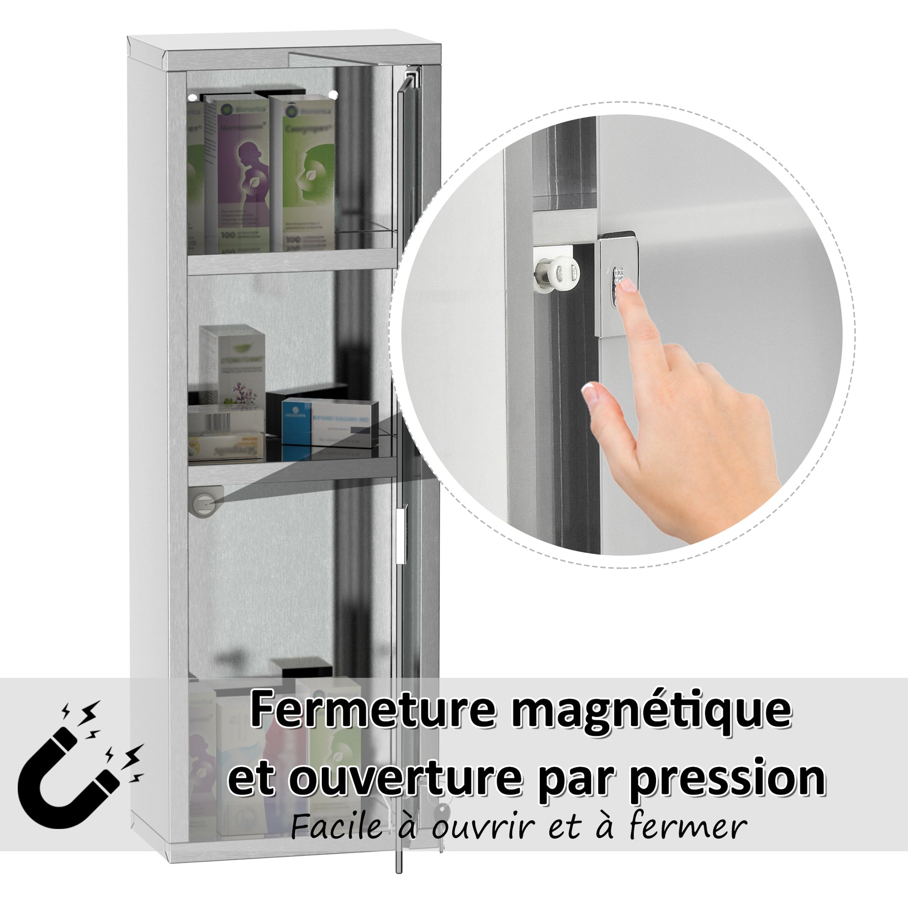 Armoire à Pharmacie 2 étagères 3 Niveaux 20L x 12l x 58H cm Porte Verre trempé Symbole Croix Acier INOX.