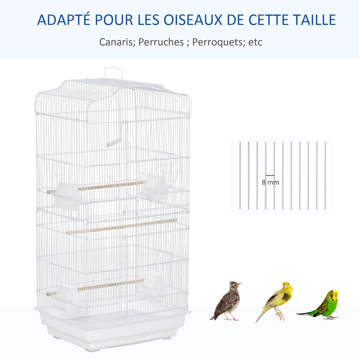 Cage à oiseaux volière avec mangeoires perchoirs plateau excrément amovible cage pour canaris perruches perroquets 46,5 x 35,5 x 92 cm blanc-3