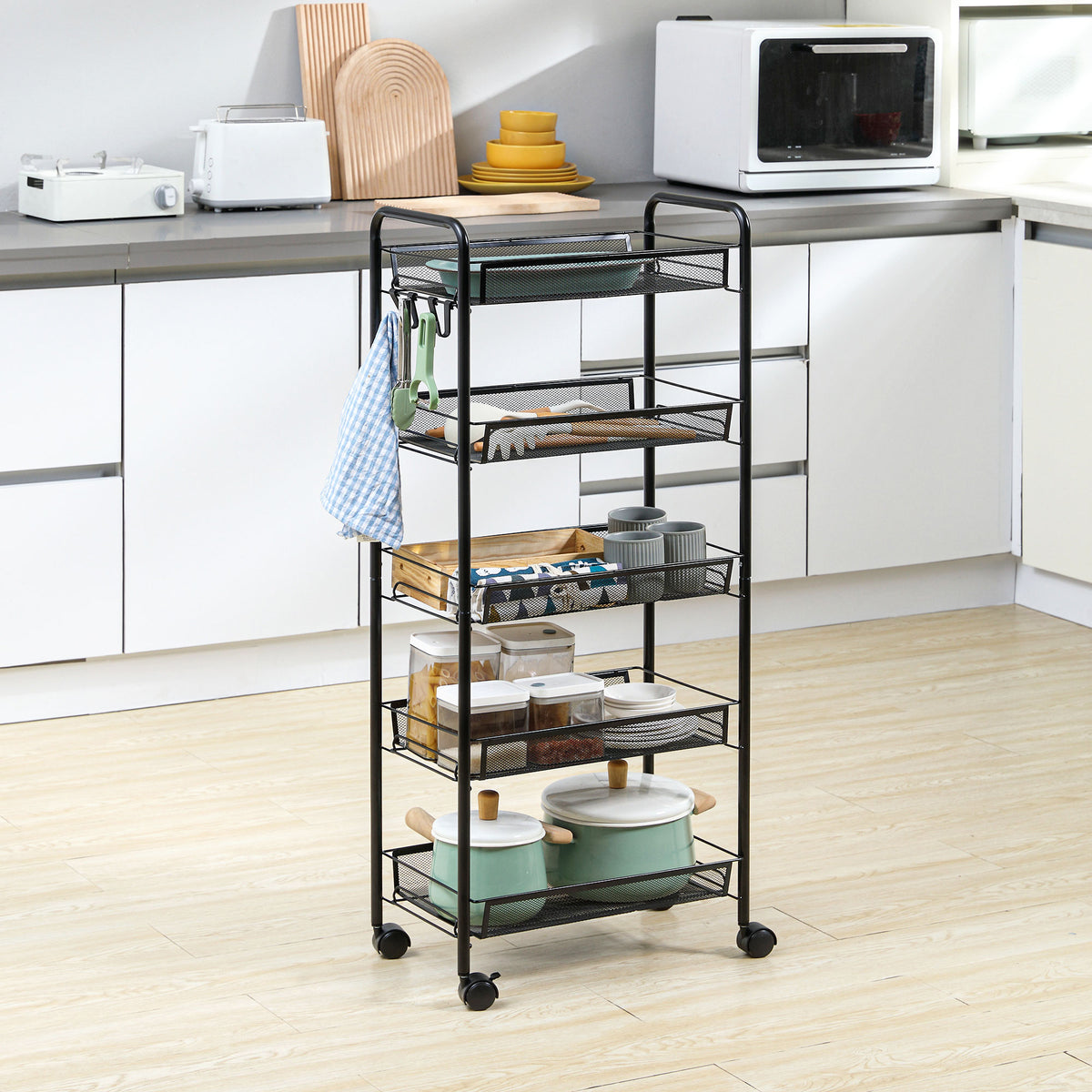 Chariot desserte de rangement à roulettes avec 5 paniers amovibles en acier, dim. 45L x 26.5l x 106H cm