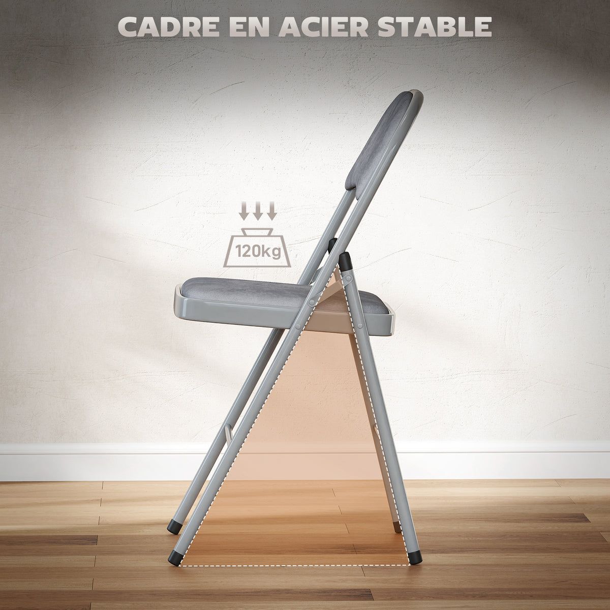 Lot de 4 chaises pliantes et portables intérieur avec assises et dossiers rembourrés en velours, cadre en acier, gris clair
