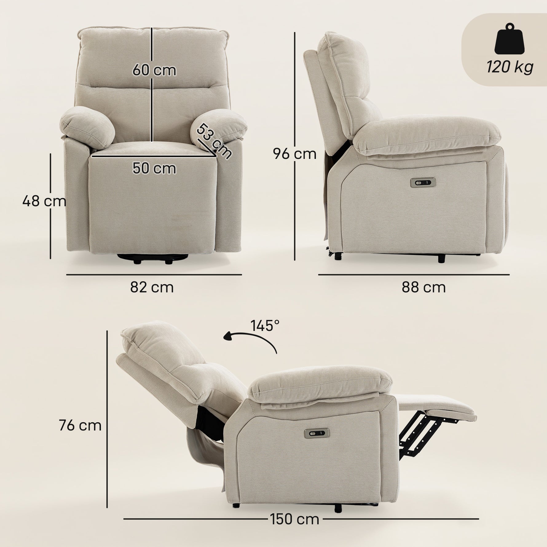 Fauteuil Releveur Électrique Massage et Chaleur Fauteuil Relax Électrique Chenille Ports USB Dossier Inclinable Crème