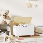 Coffre à jouet enfant sur roulettes, coffre de rangement enfant avec couvercle rabattable, 59 x 30 x 53 cm, blanc