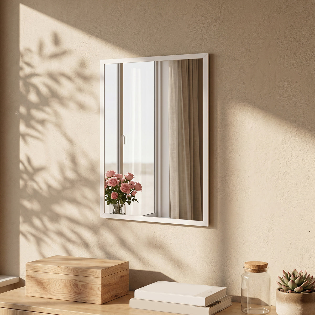 Specchio da parete rettangolare 50 x 70 cm, cornice in legno bianco, ideale per il bagno, il soggiorno o la camera da letto