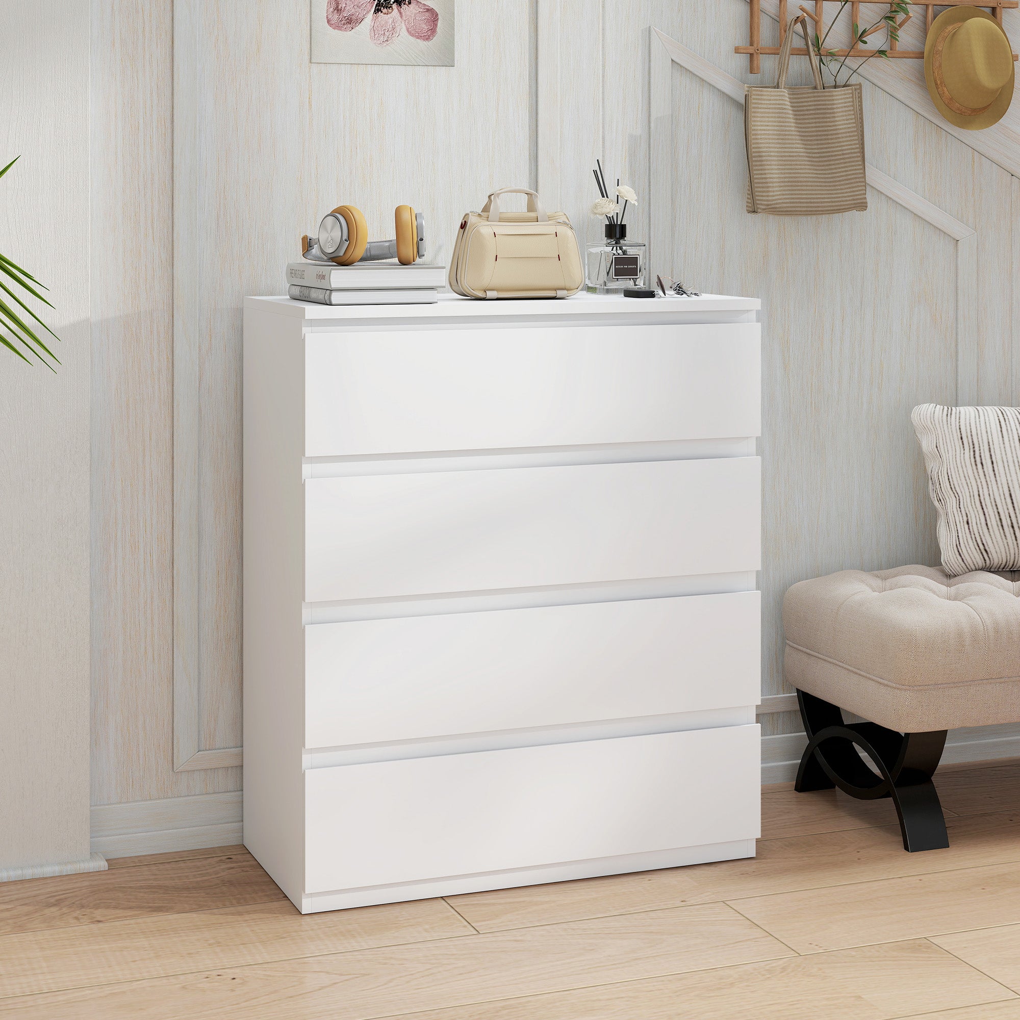 Commode 4 tiroirs, meuble de rangement épuré pour chambre, intérieur, 80 x 39 x 95 cm panneau de particules blanc