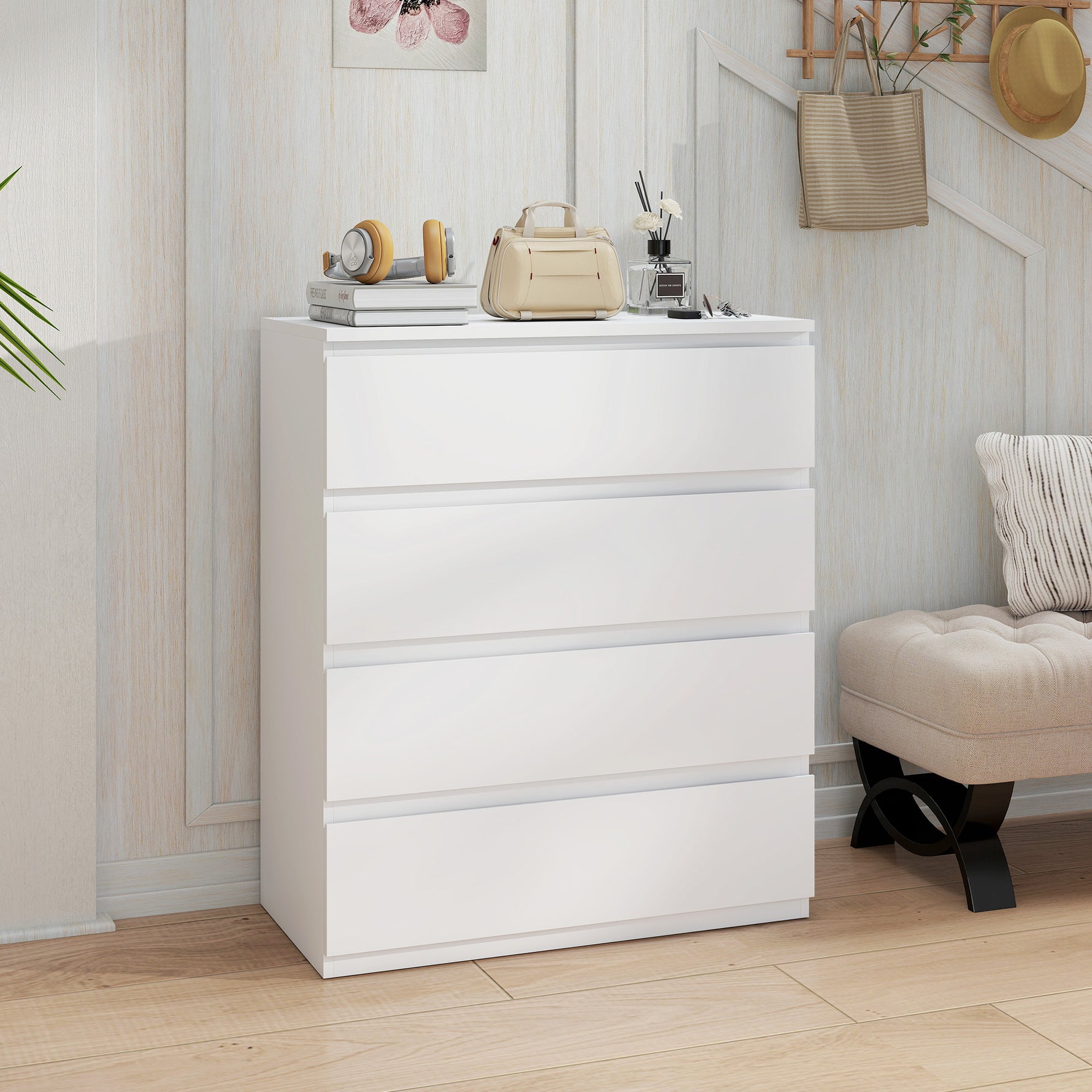 Commode 4 tiroirs, meuble de rangement épuré pour chambre, intérieur, 80 x 39 x 95 cm panneau de particules blanc