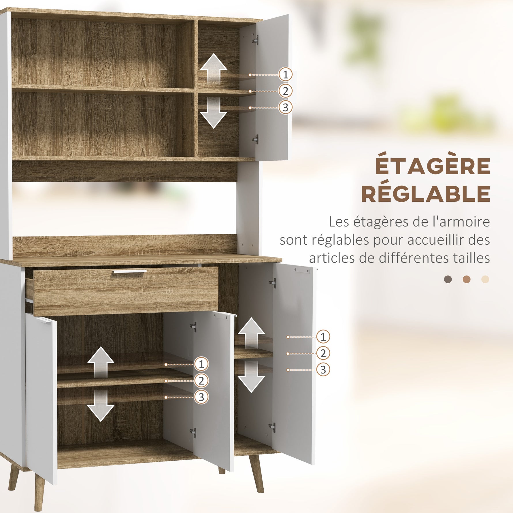 Armoire de cuisine meuble de rangement 4 portes 1 tiroir design scandinave 98 x 39 x 180 cm blanc et naturel