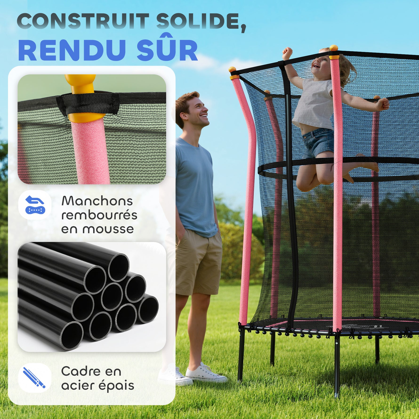 Trampoline pour enfant 1,22 x 1,11 x 1,9 m filet de sécurité porte zippée 6 poteaux rembourrés inclus rose noir