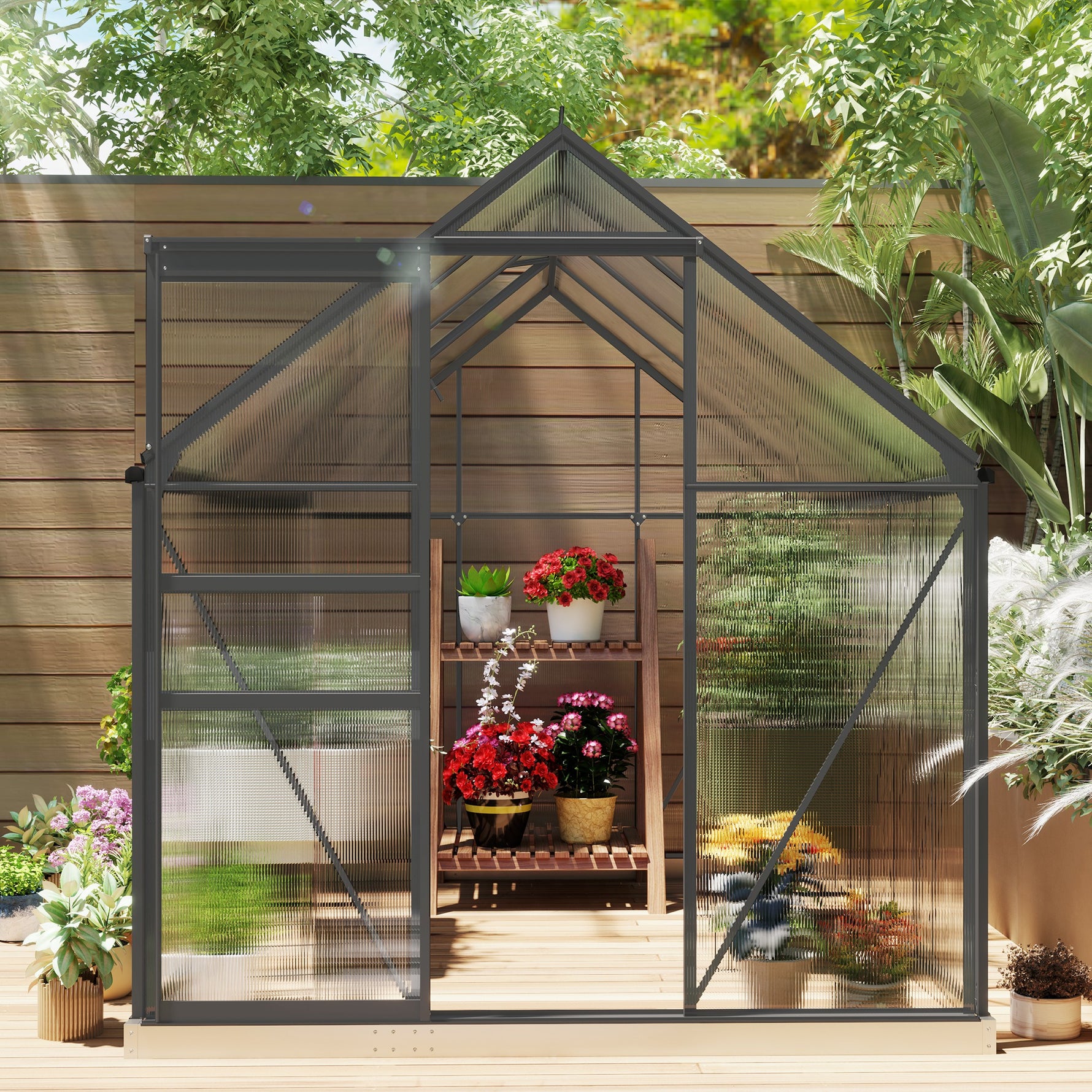 Serre de jardin en polycarbonate 4,8 m²avec fondation, lucarne réglable, porte coulissante 1,9x2,53x1,99m transparent