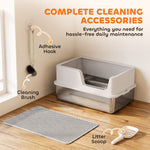Bac Litière pour Chat en INOX Couvercle Bords Hauts Pelle et Tapis Anti-Adhérent Anti-Odeurs 60x40x30cm Gris Clair