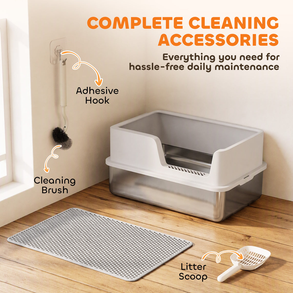 Bac Litière pour Chat en INOX Couvercle Bords Hauts Pelle et Tapis Anti-Adhérent Anti-Odeurs 60x40x30cm Gris Clair